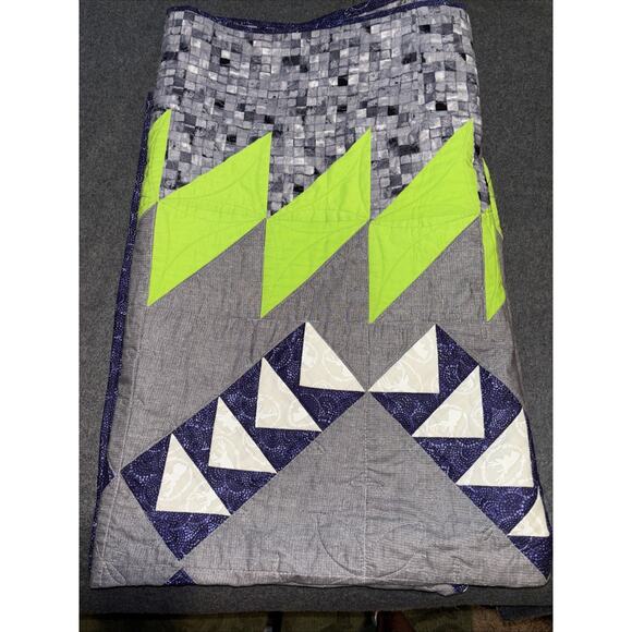 Handmade Modern 52x60 Quilt With Blue, Green And Gray Design. - Picture 8 of 11